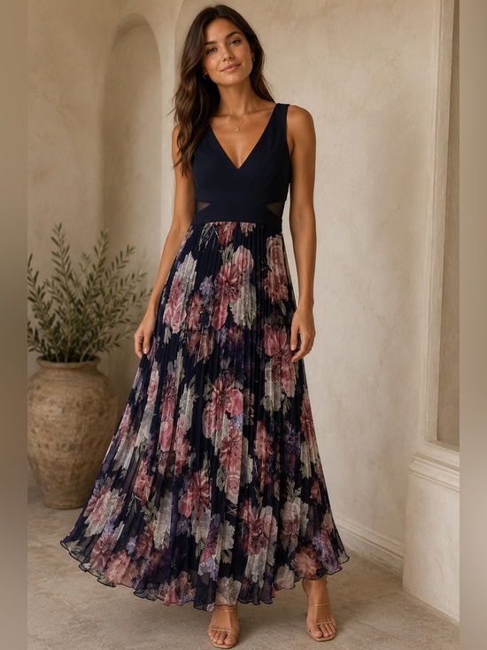 Xscape Dresses & Skirts - Xscape Black and Pink Pleated Gown with V-neck for Wedding Guest